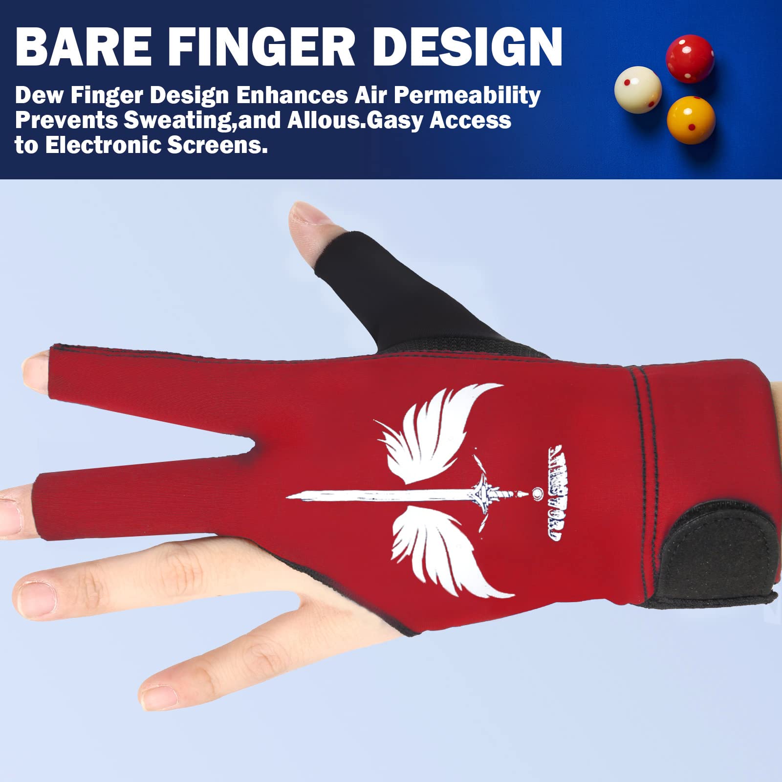 ANIMSWORD Breathable and Comfortable Billiard Pool Gloves Fits on Left Hand or Right Hand 3 Finger for Snooker Cue Sport Glove.