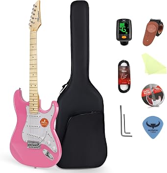 Bullfighter 39 Inch Electric Guitar 4/4 Full Size SSS Pickup Electric Guitar ST for Beginners & Music Lovers Includes Accessories Guitar Bag Strap Picks Tuner Spare Strings Cables. MS-100 Pink