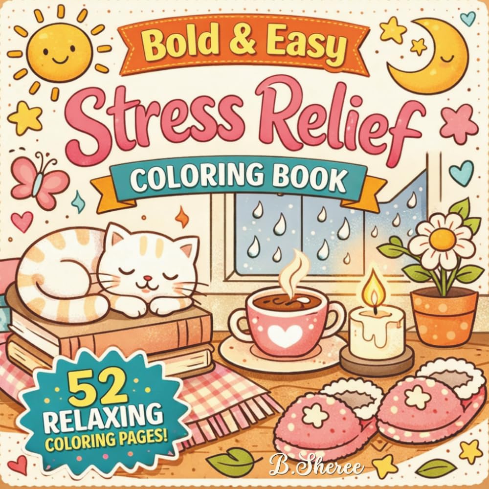Bold & Easy Stress Relief Coloring Book: Simple, Cute & Relaxing Designs for Anxiety Relief, Mindfulness & Calm