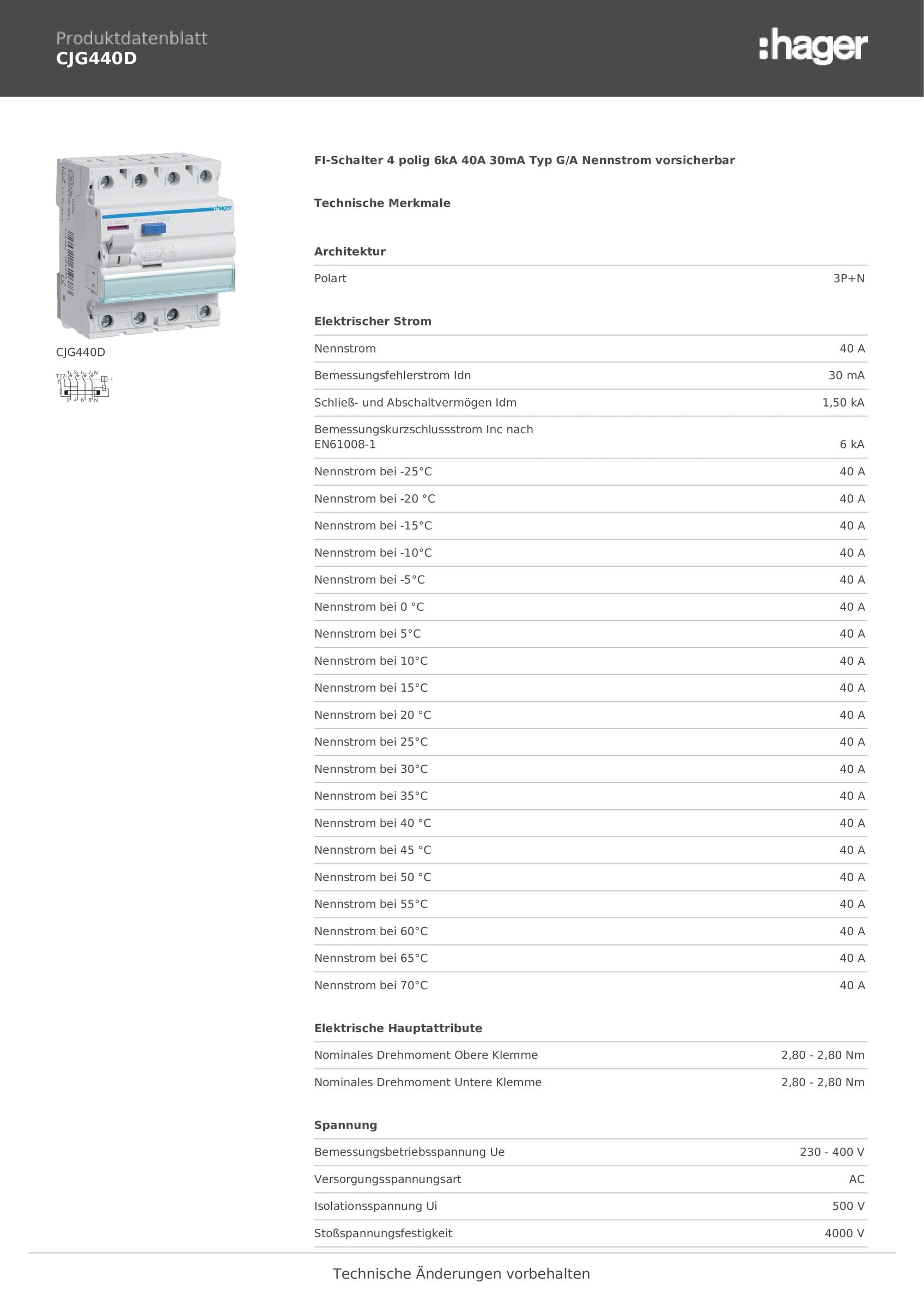 HAGER CJG440D FI-Schutzschalter A 4P 400V 40A