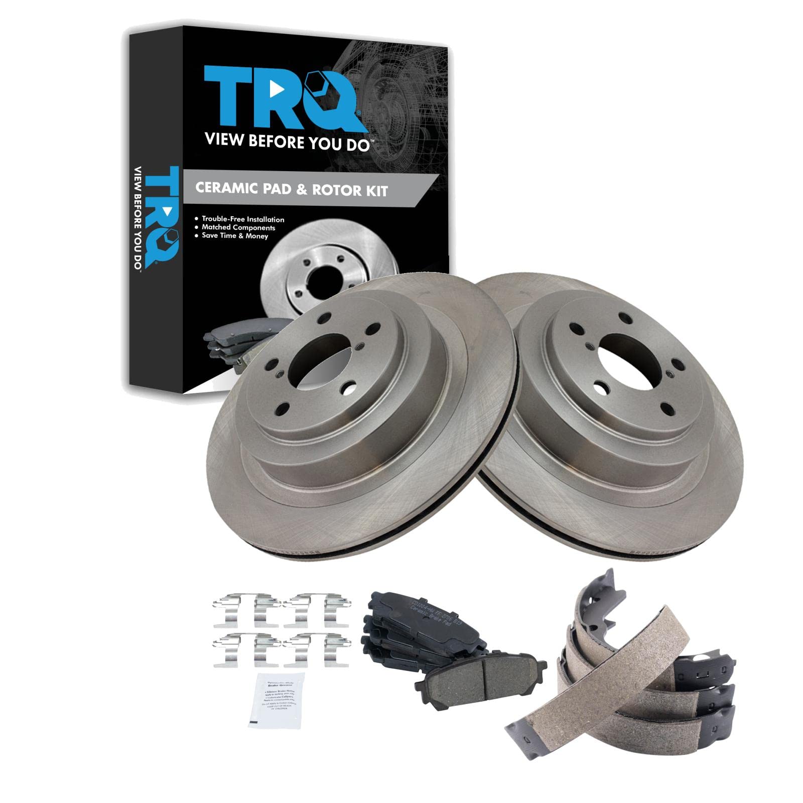 TRQ Rear Brake Pad and Rotor Set Ceramic Parking Brake Shoe Compatible with 2006-2007 Subaru Impreza