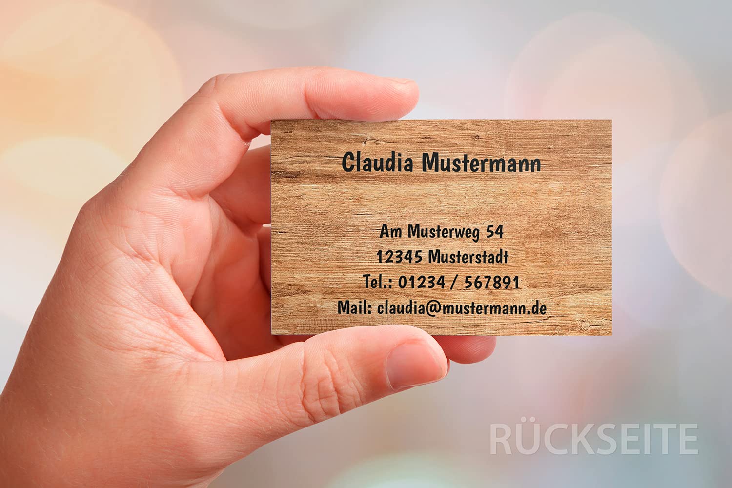 500 Visitenkarten, 400g Karton matt, beidseitig bedruckt, 85 x 55 mm, inkl. Kartenspender - Design Holz
