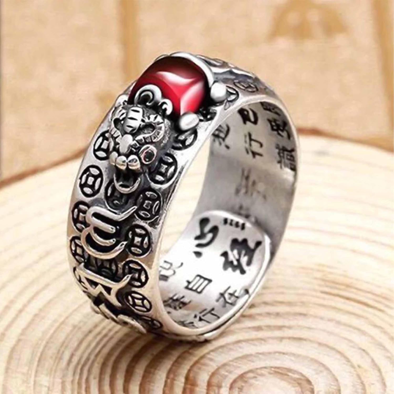 HETICA Feng Shui Pixiu Mantra Amulet Lucky Red Garnet Adjustable Ring Buddhist Good Luck Mantra Ring Jewelry Gift