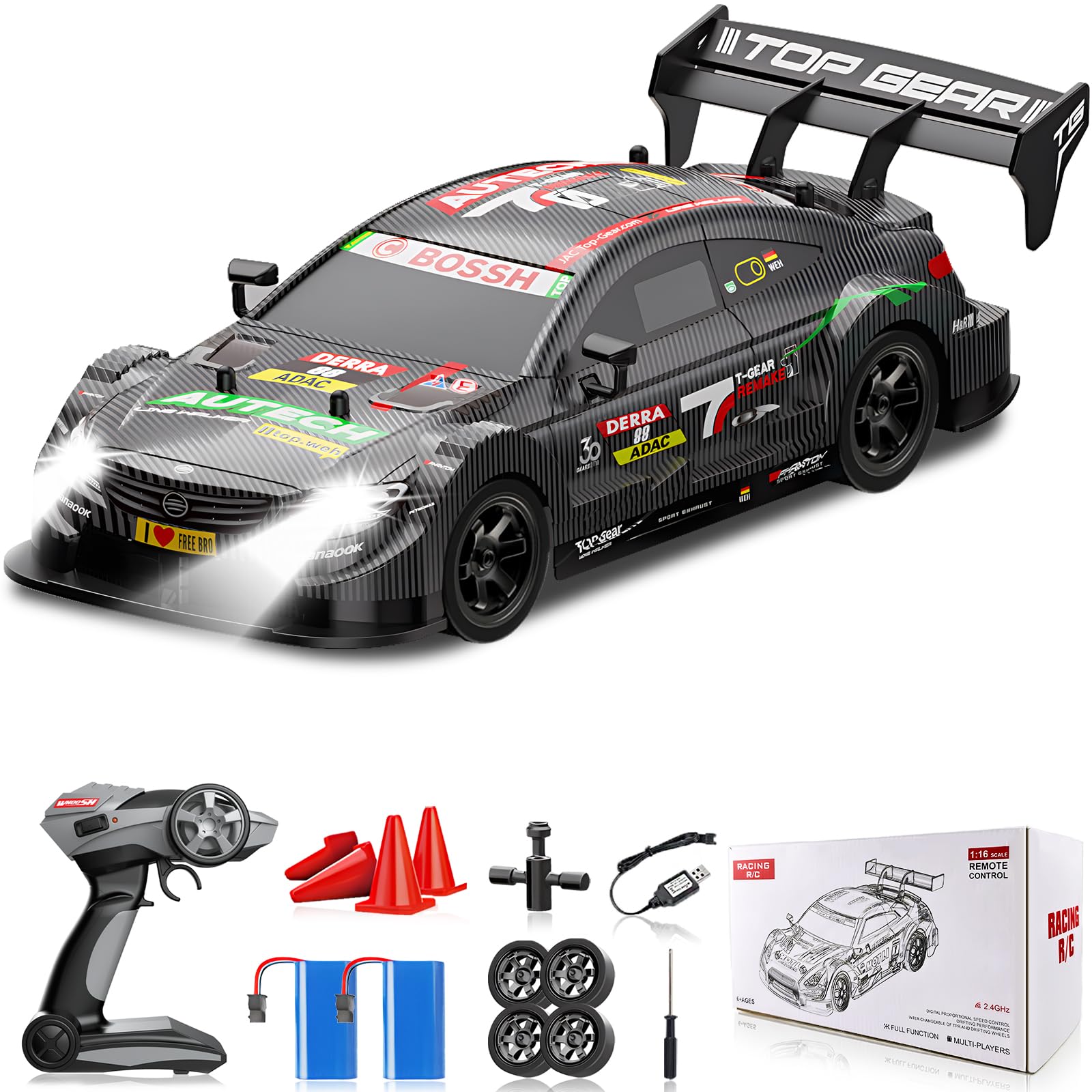 SakeyeRC Drift Car for Adults, 1/16 Drifting RC Cars 4WD 2.4GHz Black Remote Control Car Hobby Racing Drifting Cars with LED Light Rechargeable Batteries and Drift Tires Toy Car for Kids Boys