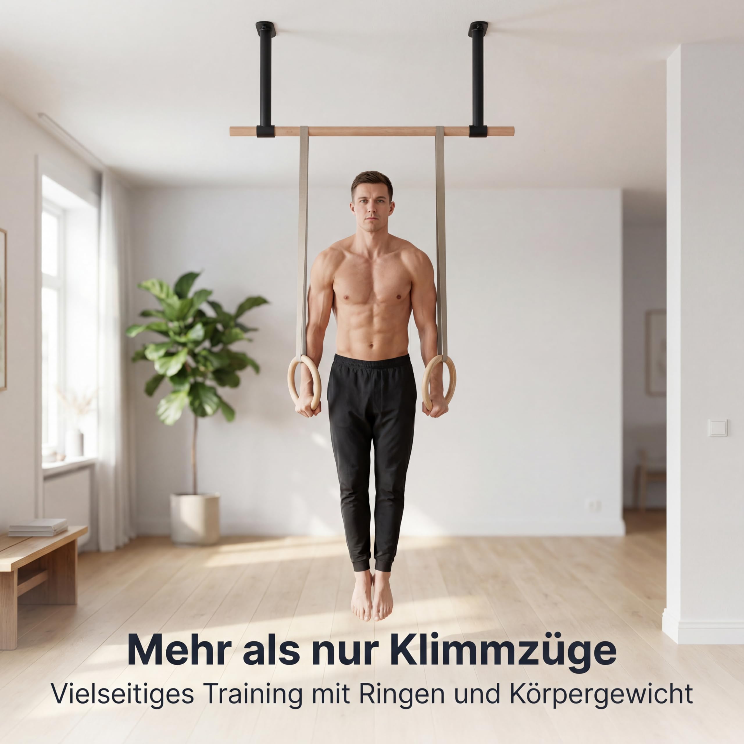 Klimmzugstange Decke - stilvolle Pull Up Bar aus Holz zur festen Deckenmontage - platzsparendes Design und hohe Bewegungsfreiheit - Calisthenics Equipment für Zuhause - bis 125kg