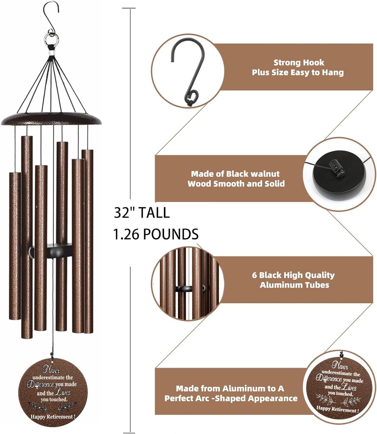 Retirement Wind Chimes, 32" Copper Aluminum, Modern Style, Adjustable, Outdoor Use