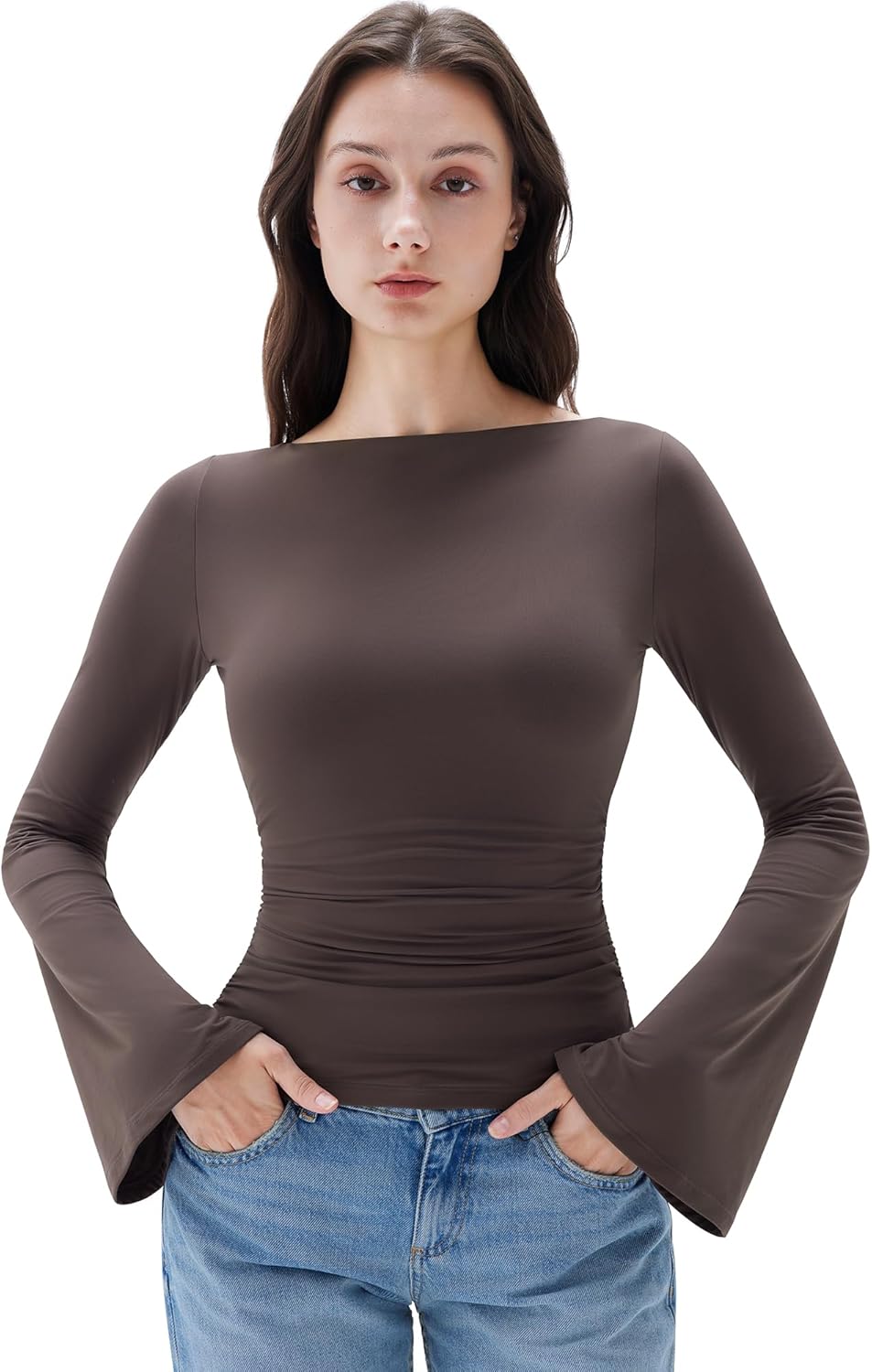 SUUKSESS Women Crew Neck Bell Sleeve Tops Double Lined Going Out Fitted Basic T Shirts