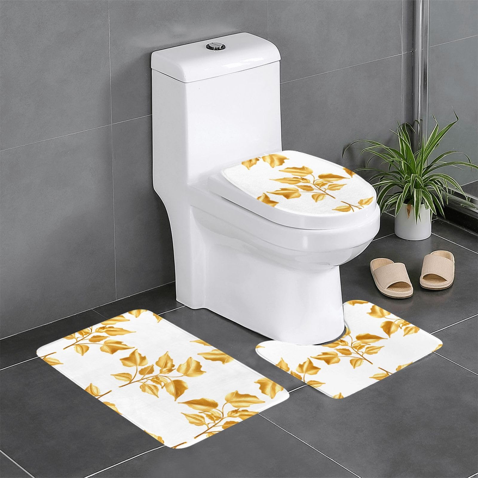 Tapis de salle de bain faits à la main rectangulaire contour ovale feuille dorée