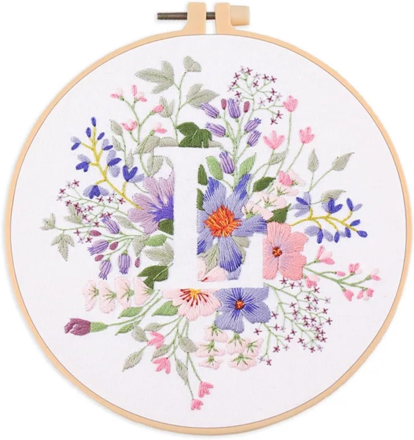 Kit de broderie florale débutant avec initiale lettre et tambour de 20cm