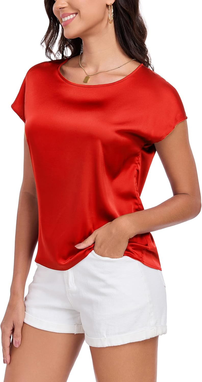 Wantschun Womens Silk Satin Shirt Casual Cap Short Sleeve Blouse Basic Round Neck Work Tops - Image 4