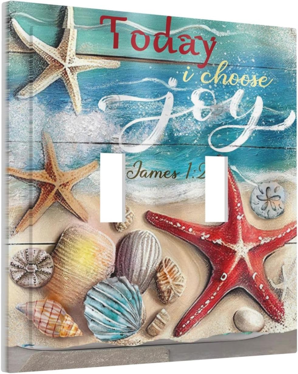 Beach Starfish Seashell on Wooden Board Double Toggle Light Switch Covers Decorative 2 Gang Wall Plate Electrical Faceplate Switchplate for Country Bathroom Bedroom Living Room Decor image 2