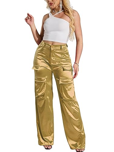 Womens High Waisted Satin Cargo Pants Loose Fit Wide Leg