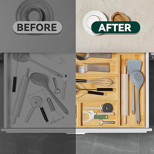 Miniatura 6 de Organizador de cajones de bambú, bandeja de cubiertos apilable estrecha para cocina, 2 piezas de cubiertos y caja de utensilios, 12 x 3 x 2 pulgadas