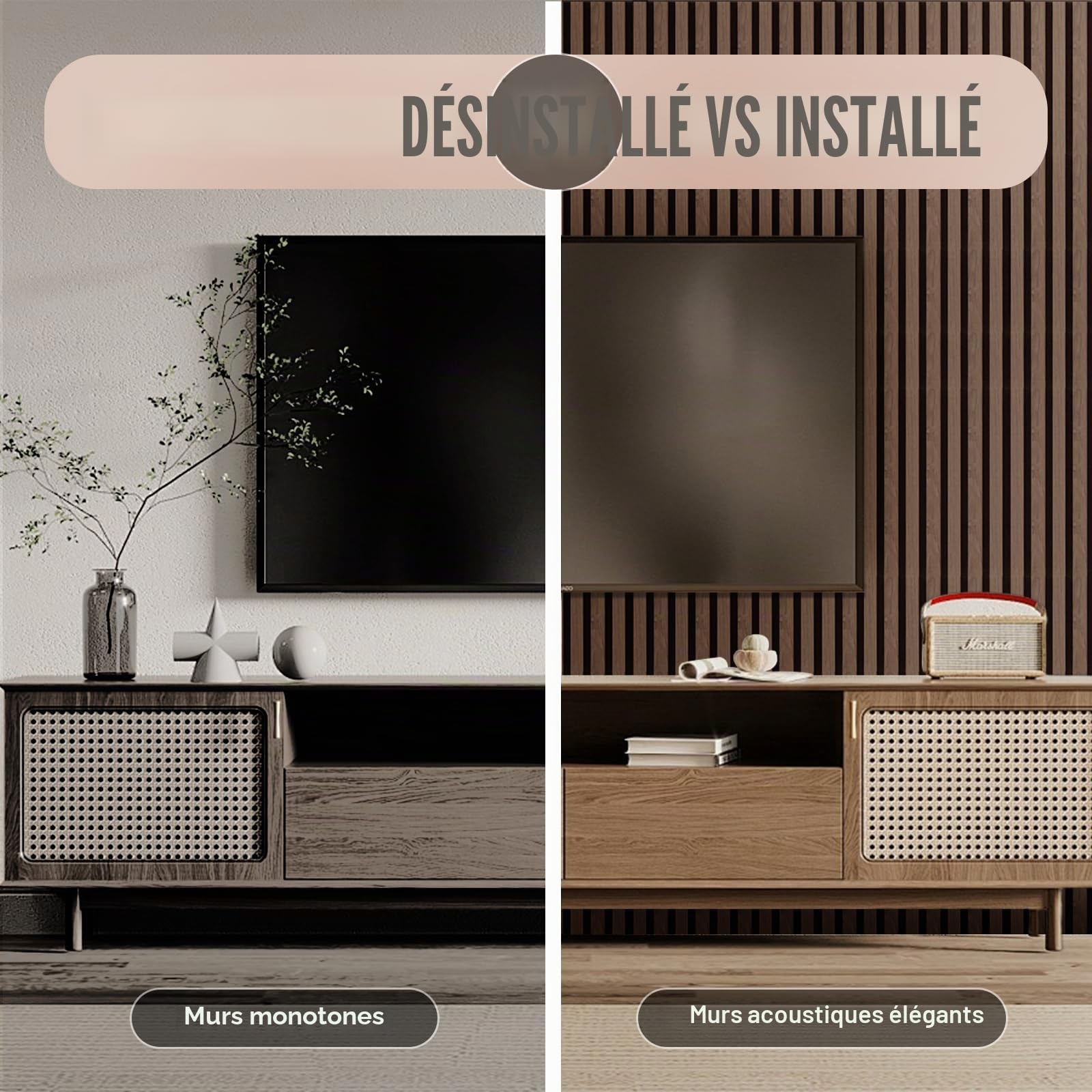 AKK-STAVE Panneau Acoustique Mural Bois 240x60 cm (1,44 m²) – Panneau Mural pour Isolation Phonique | Panneau 3D Décoratif, Absorbeur de Bruit, Revêtement Mural pour Salon (Noix Noire)