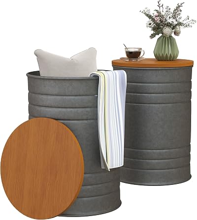 HOMCOM Nesting Tables Set of 2 with Removable Wood Lid Grey