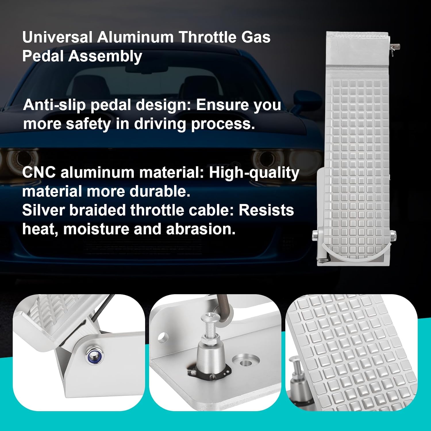 Universal Aluminum Throttle Gas Pedal Assembly with Silver Heavy Duty Cable for Custom Cars, Street Rods & Off-Road Vehicles (2.5x6 Inch)