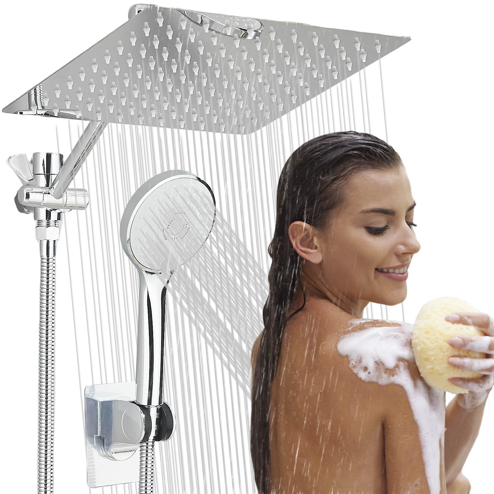 Photo 1 of 10”Rain Shower Head with Handheld Spray Combo, Stainless Steel High Pressure Rainfall/Handheld Shower Combo with Extension Arm, Height/Angle Adjustable Chrome