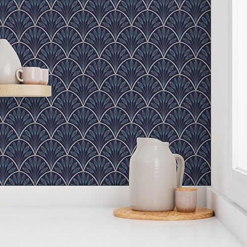 Miniatura 8 de Removable Wallpaper Swatch - Small Art Deco Leaf Fan Navy Leaves Retro Circle Scales Custom Pre-Pasted Wallpaper by Spoonflower