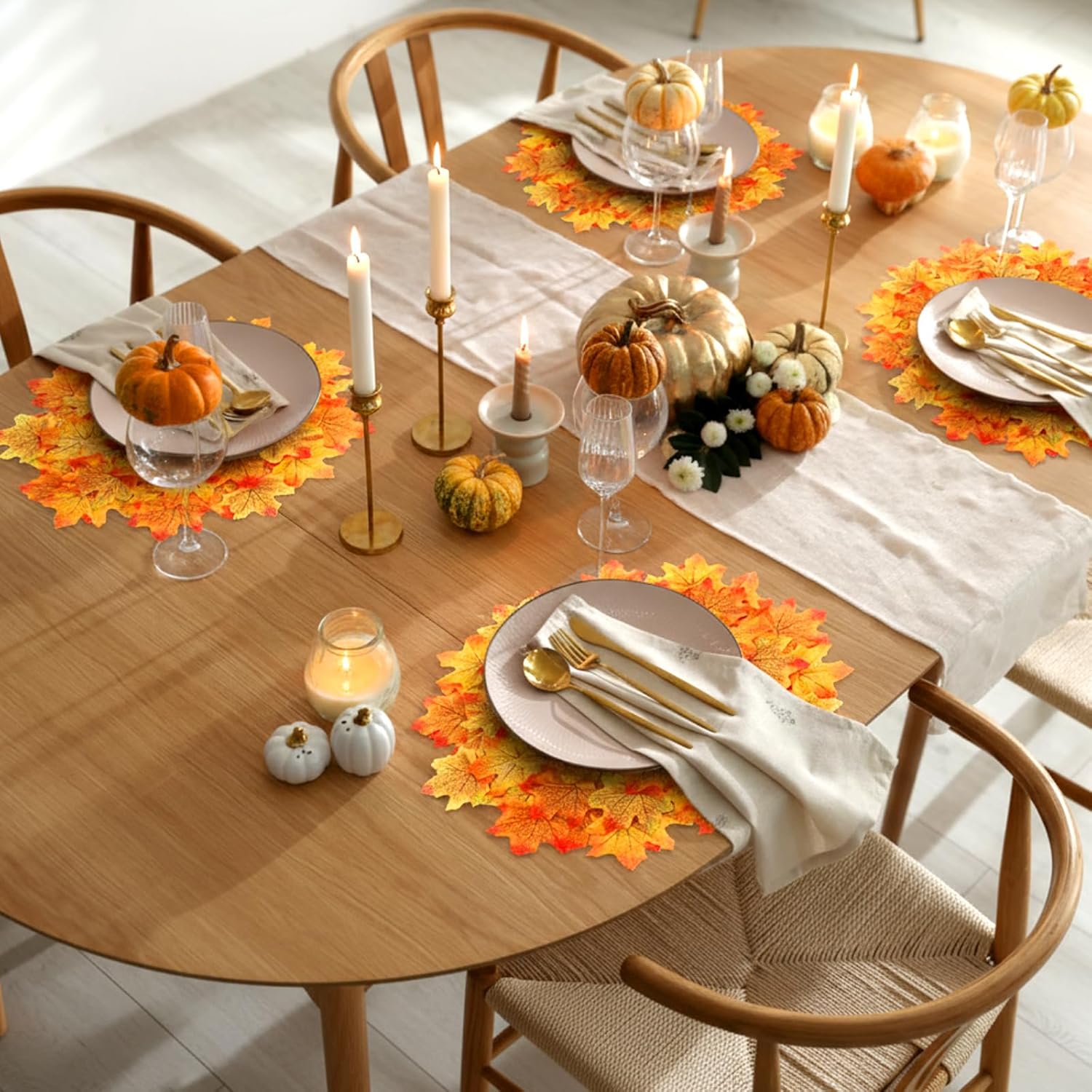 Bokon Thanksgiving Placemats Set of 8, 17.75 Inch 3D Round Lager Maple Leaf Placemats with Artificial Autumn Leaves for Thanksgiving Decoration Harvest Dinner Home Dining Table Holiday Wedding Party
