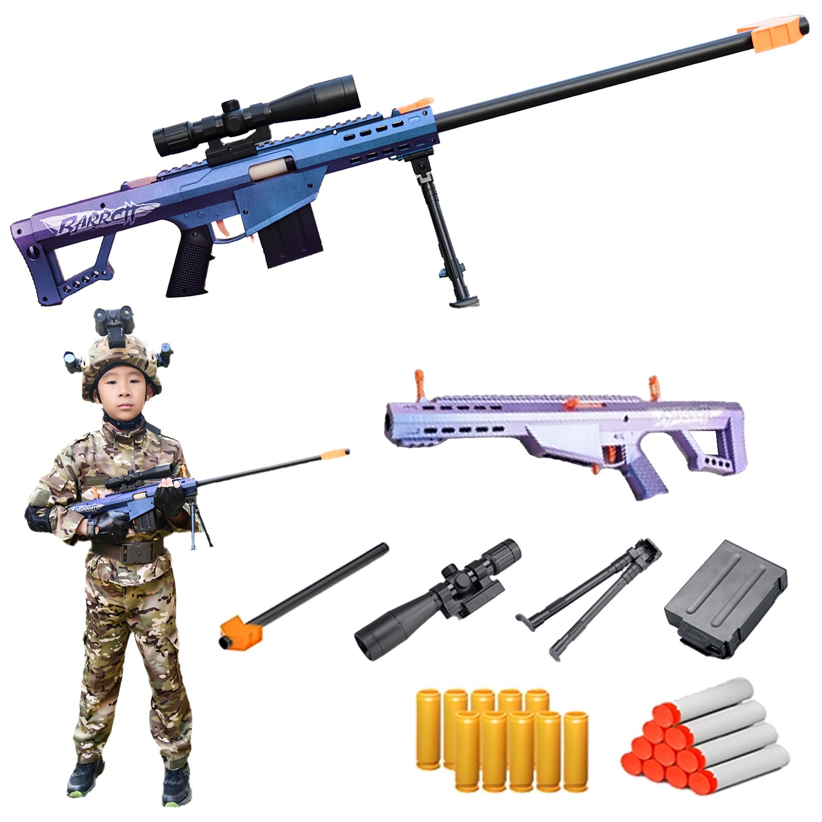 Lanzagranadas Barrett 98k Soft-Head de juguete para niños | Modelo realista con munición Soft-Head | Incluye 10 granadas | Edad 3+ (Violeta)
