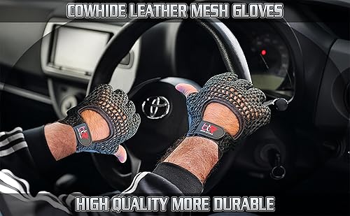 Vista 4 de Guantes de conducción de chófer de malla sin dedos, piel de vaca, palma de algodón, espalda de ganchillo, ciclismo, guantes para silla de ruedas