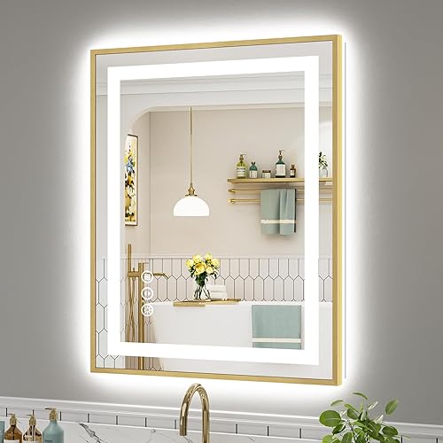 Miniatura 64 de Espejo de baño LED de 24 x 32 pulgadas con luces, retroiluminado y frontal iluminado, espejo de tocador de baño con luz antiniebla para pared
