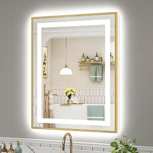 28x36 Inch LED Bathroom Mirror with Gold Frame, Backlit & Front Lit