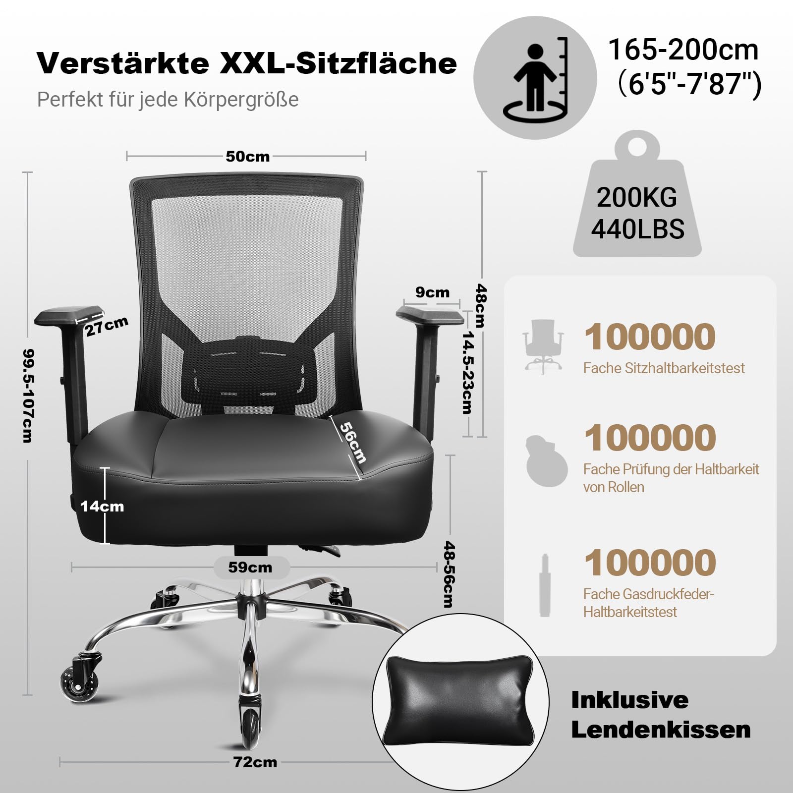 MELOKEA Bürostuhl 200KG XXL [Lendenkissen Inklusive], Schreibtischstuhl | Extrabreites & Extradickes Federkern-Sitzkissen, Gummirollen, Verstellbare Lordosenstütze, Stufenlose Neigungsverriegelung