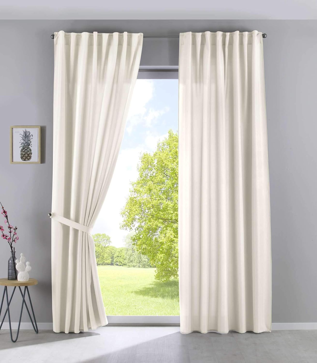 Gardinenbox Set of 2 Cationic Jena Opaque Linen Look Curtains Mottled Curtain Tape with Tie Backs, 100% Polyester, Cream