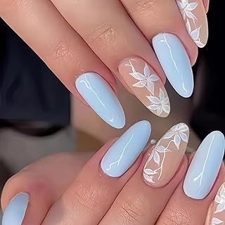 MERVF Medium Press on Nails Round Fake Nails Press ons Light Blue Glue ons Floral Oval Acrylic Summer Nail with Flower Design Manicure 24pcs Glossy
