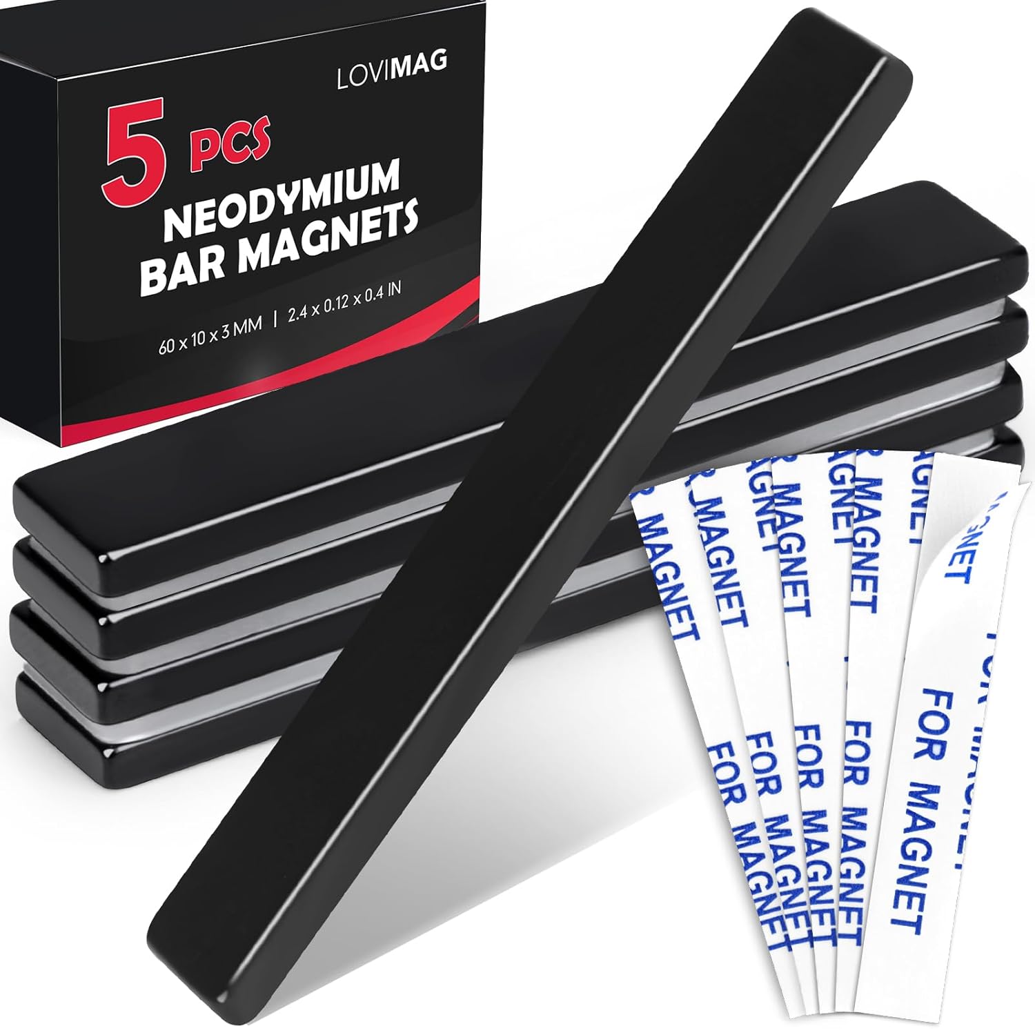 LOVIMAG Waterproof Strong Neodymium Bar Magnets, Refrigerator Magnets with Double- Sided Adhesive, Heavy Duty Magnet for Shower Door,Fridge,Office,Scientific Etc, 60 x 10 x 5 mm, Pack of 50