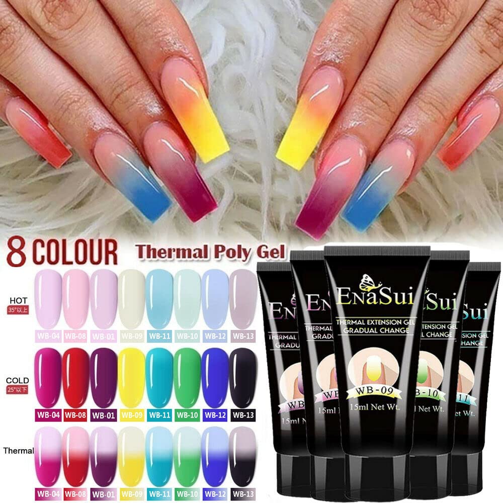 8 Colors Poly Nail Extension Gel Temperature Color changing Nail Builder Gel Kit Builder Gel Nail File Nail Extension Forms Nail Brushs Set for Nails