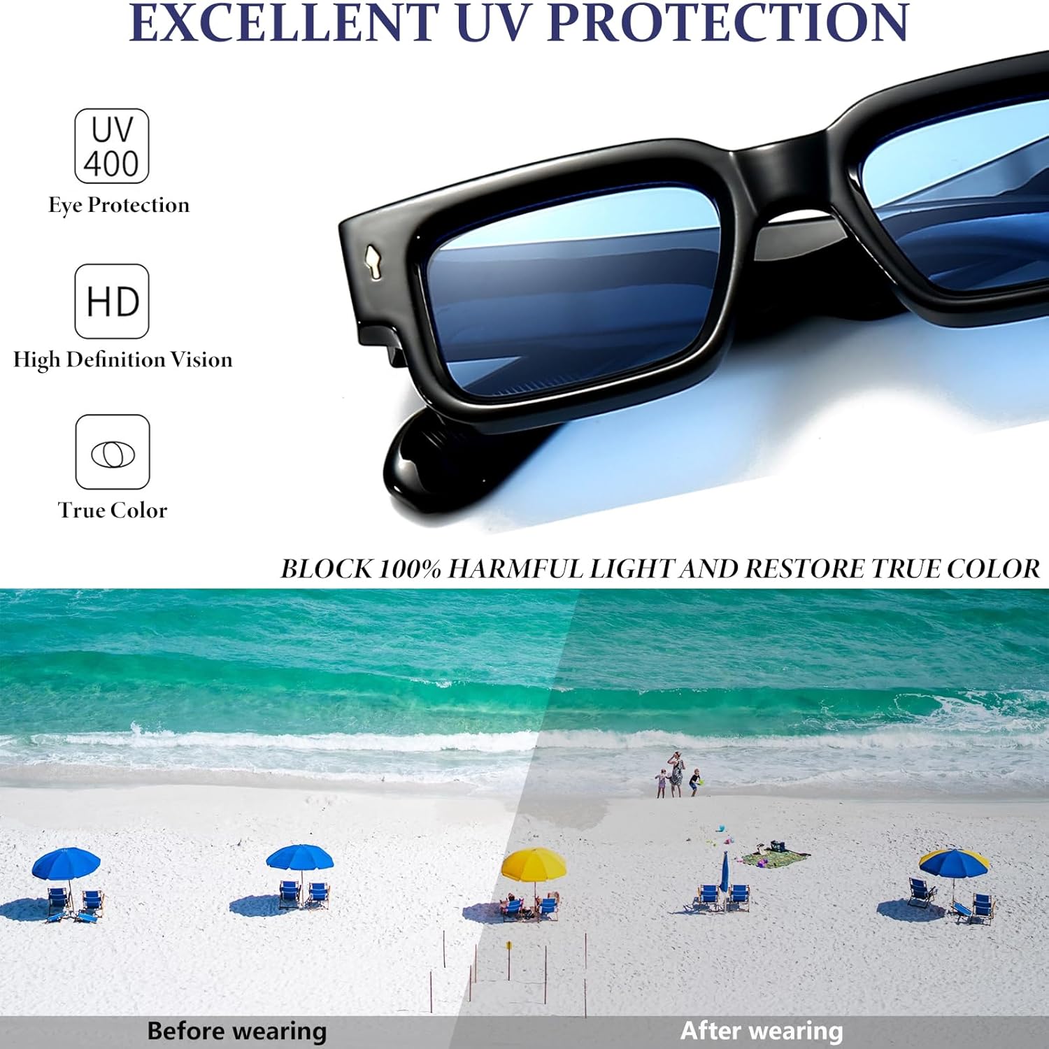 Retro Rectangle Sunglasses for Men Women Black Thick Square Frame Shades - Image 7
