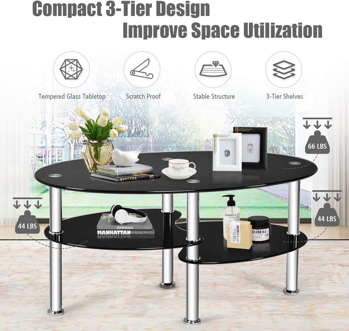 FANTASK Tempered Glass Coffee Table, Oval 3-Tier Steel Tea Table w/Spacious Glass Desk-Top, Open Storage Shelf, Modern End Side Table for Home Living Room Office Reception (Black Glass)