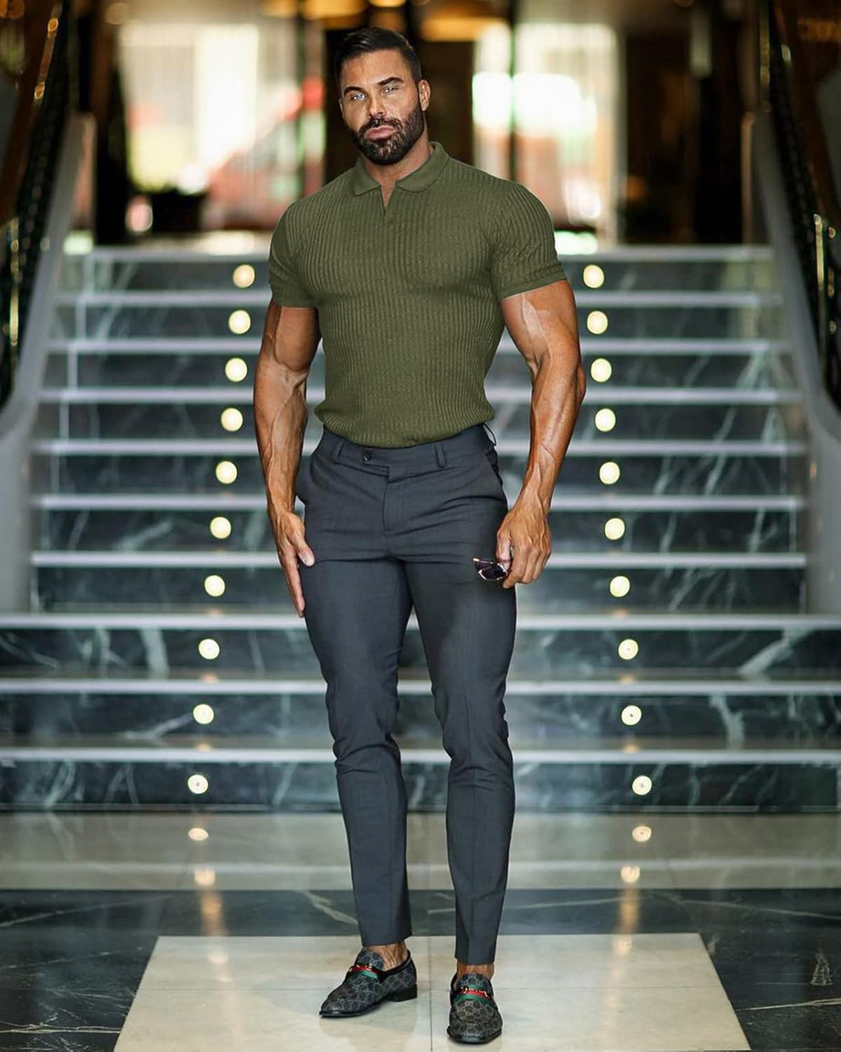 Collared Muscle Shirts for Men Ribbed Knit Slim Fit Polo Shirts Short Sleeve, Mens V Neck T Shirts Casual Stylish - Image 2