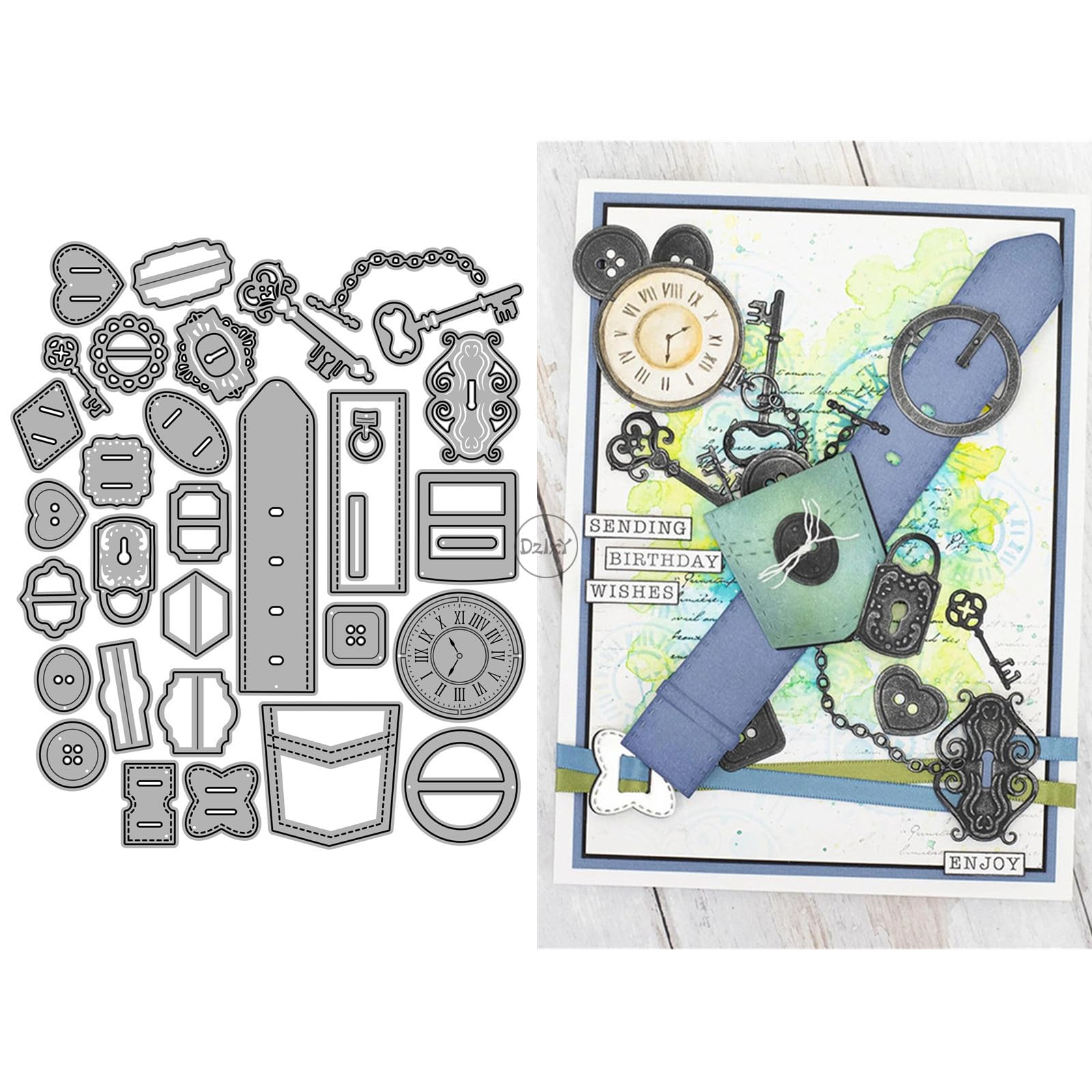 DzIxY Patchwork Clock Watch Strap Button Key Lock Metal Cutting Dies for Card Making Kit Embossing Paper Die Cuts Set Scrapbook Stencils Supplies Machine Templates — image 1