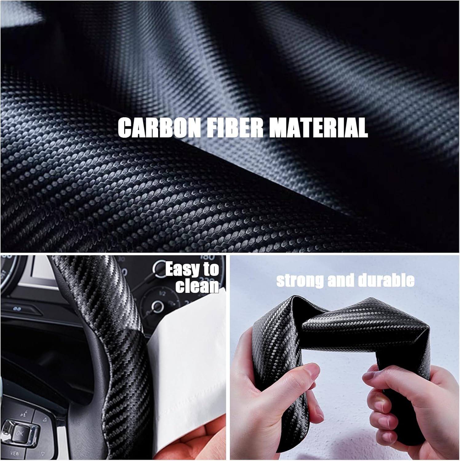 Carbon Fiber Steering Wheel Covers 3 Piece Clip on Steering Wheel Cover (Matte Black)