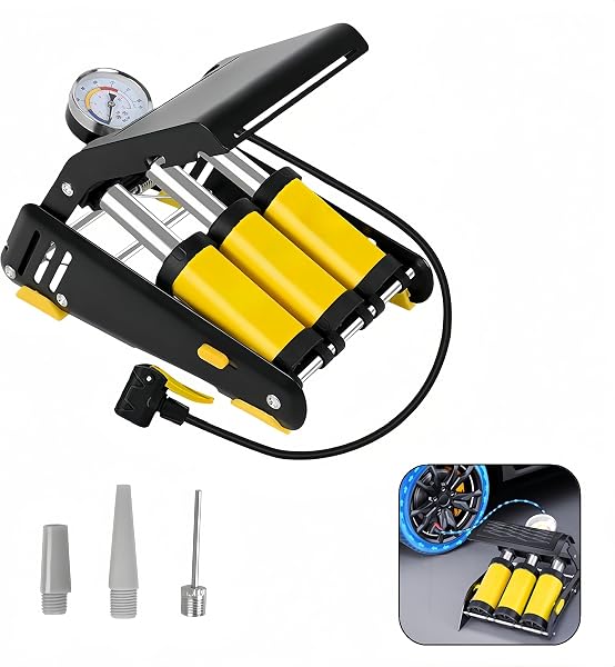 LCBXOOX ベダル式空気入れポンプ 160PSI 高圧充填 三気筒 自転車 自動車 バイク 電動自転車 ボール 浮き輪 対応 英米仏式バルブ 折りたたみ コンパクト 携帯用 - 1