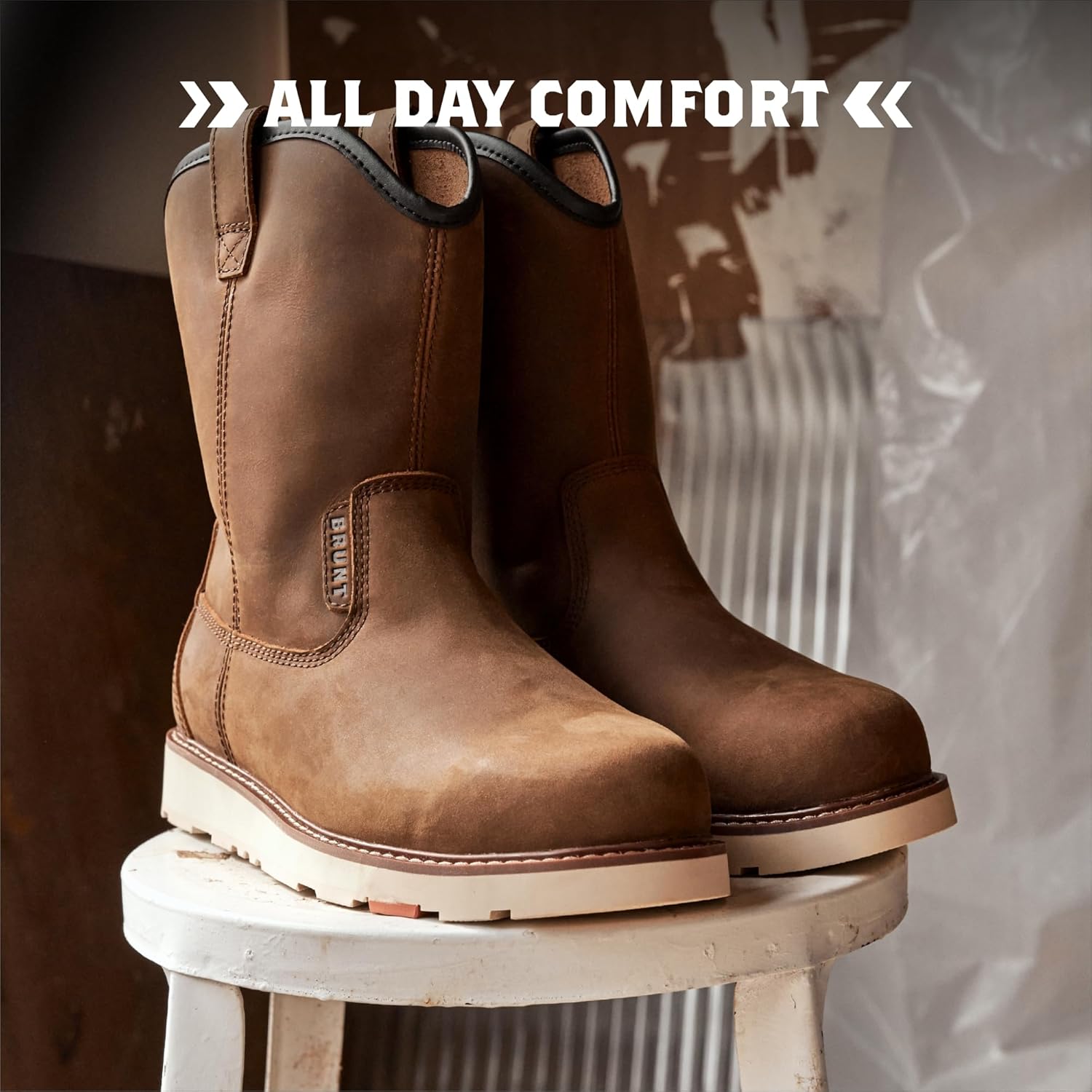 BRUNT Bolduc Unlined (Soft Toe) - 9" Water-Resistant Pull-On Wedge Work Boot - EH Rated - Slip + Oil Resistant - Heat-Resistant Sole - Adjustable Width System