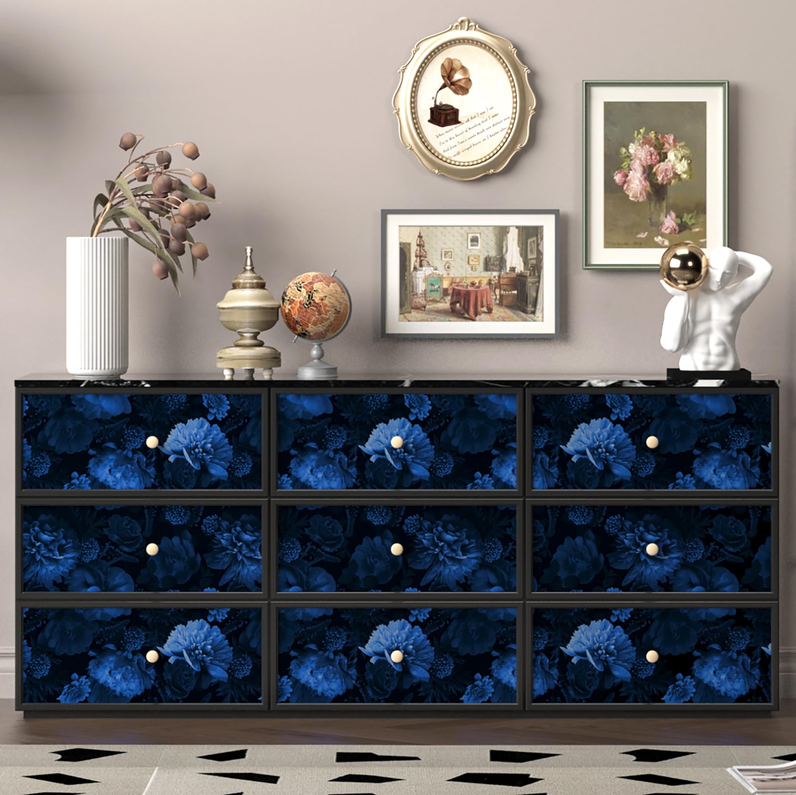FunStick 44.5CM×9M Papel Pintado Autoadhesivo Azul Oscuro Papel Autoadhesivo Pared Flores Fotomural Vinilo Adhesivo Pared 3D Azul Marino Rosas Papel Decorativo Adhesivo para Muebles Dormitorio Armario