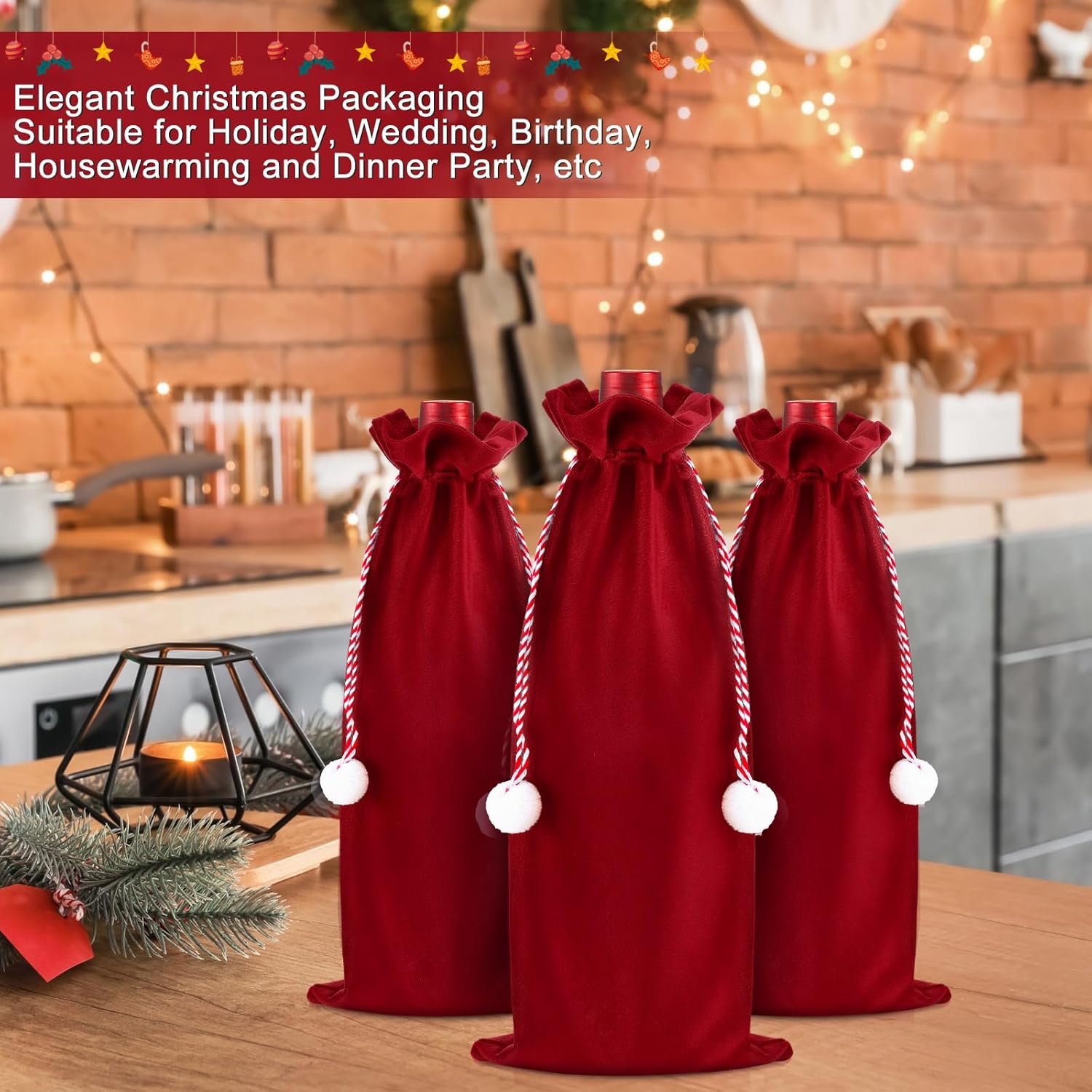 Honeydak 10 Pcs Christmas Velvet Wine Bags Xmas Wine Gift Bottle Cover with Drawstring and Hair Ball Bottle Bags for Christmas Housewarming Wedding Birthday Holiday(Red) - Image 5