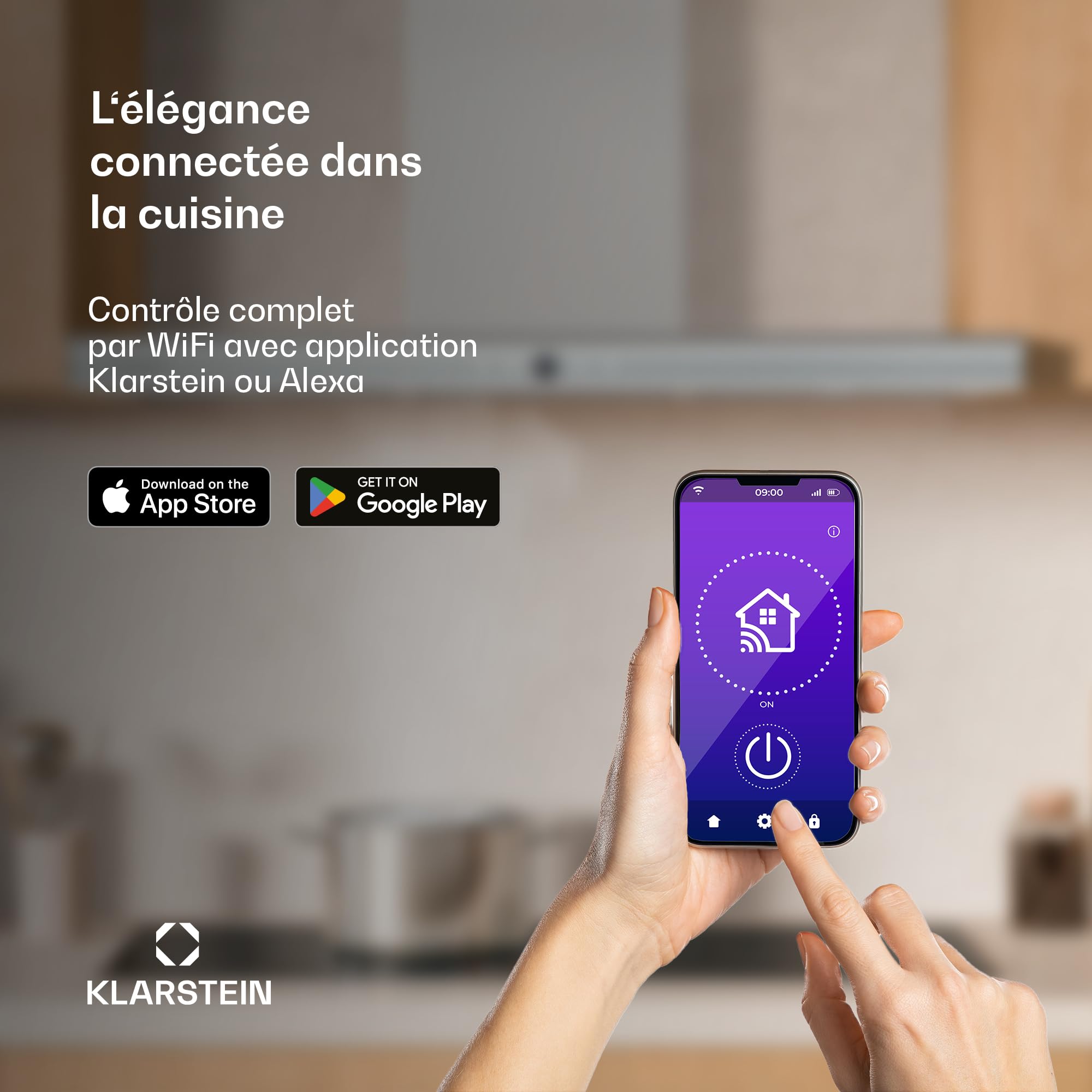 Klarstein Auriana Hotte Murale - 90cm Hotte Aspirante, Débit 700 m³/h, A+ Énergie, Éclairage LED 6000K, WiFi & Tactile, Silencieuse 56 dB, Filtre à Charbon, Noir