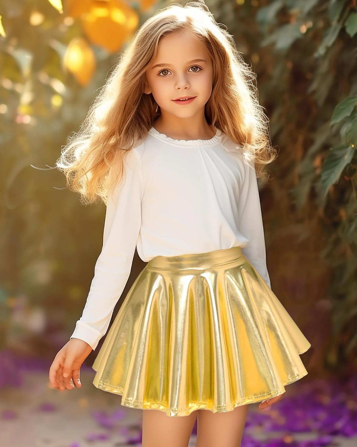 Auranso Girls Metallic Skater Skirt Sparkly Shiny Flared Pleated A-Line Mini Skort - Image 3