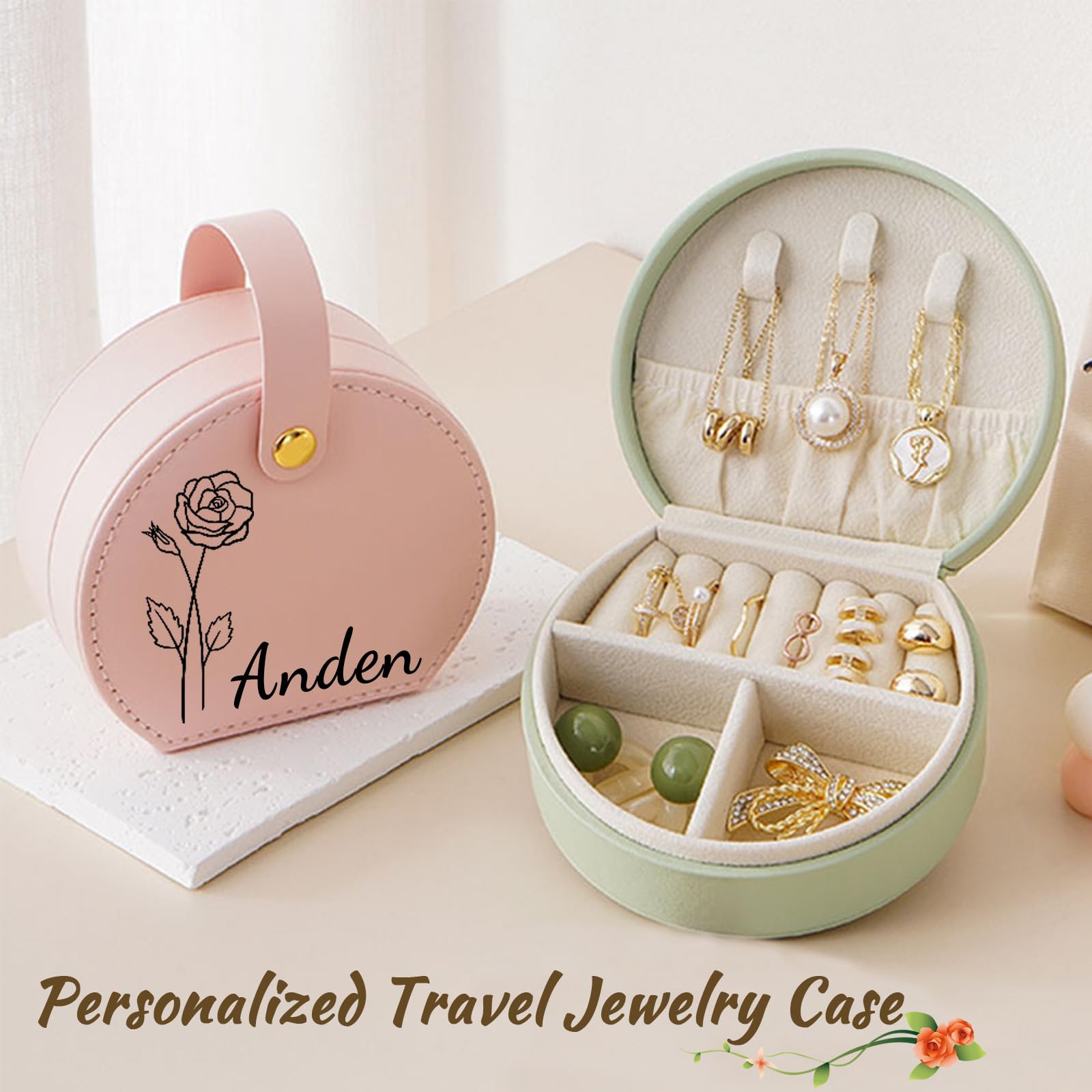 HJX Personalized Travel Jewelry Case Custom Name & Birth Flower Jewelry Organizer Box,Personalized Gift for Girls Woman Bridesmaid (01-Birthflower)
