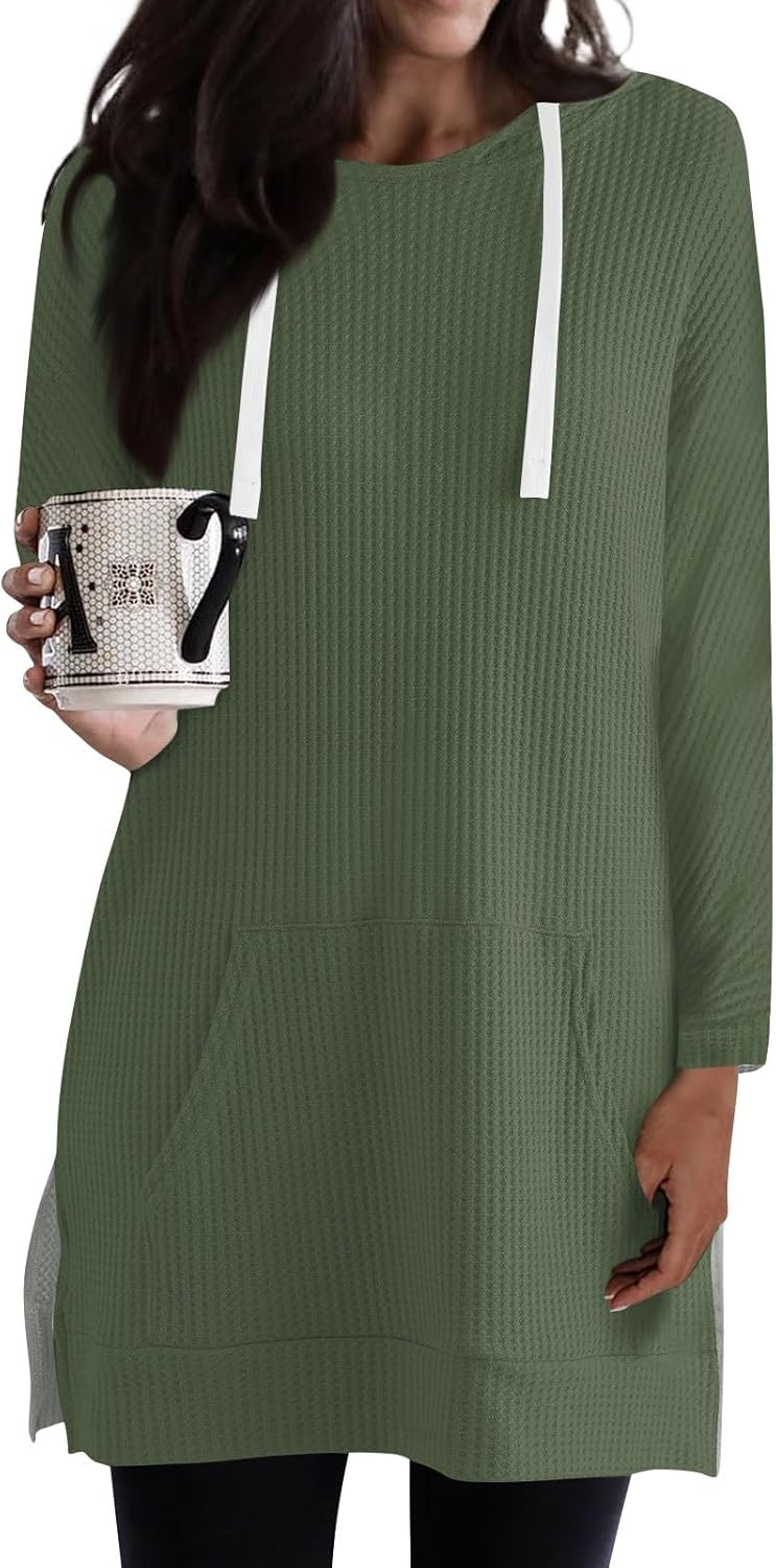 Womens Tunic Tops Hooded Waffle Knit Tops Long Sleeve Shirts Casual Split Hem Fall Hoodies with Pockets - Image 5