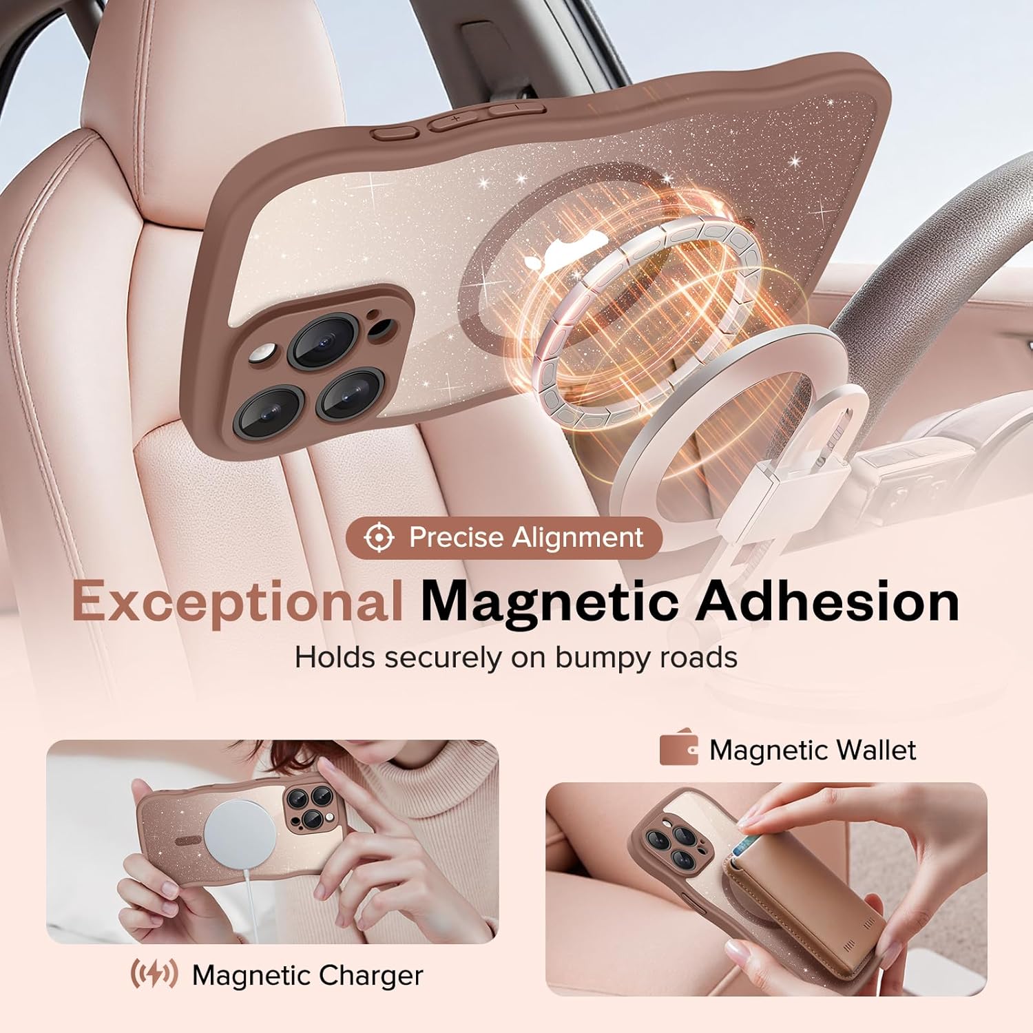 GVIEWIN for iPhone 16 Pro Case Compatible with Magsafe, [Full Camera Protection] [Not Yellowing] Wavy Frame Shockproof Gradient Glitter Slim Women Phone Cover with Camera Control, Brown - Image 3