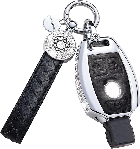 Compatible con Mercedes Benz Funda para Llavero con Llavero, Carcasa de Llavero de Cristal de Cuero Genuino Negro Protección para Llavero Mercedes