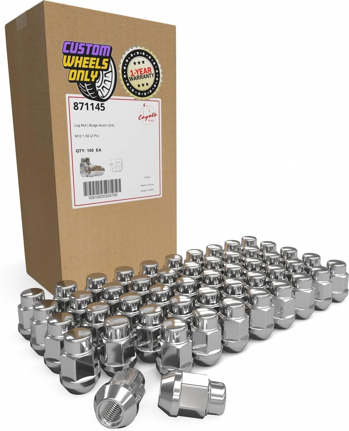 Wheel Accessories Parts 100 Pcs M12x1.5 12x1.5 Thread Bulge Acorn 1.38" 35mm Long Lug Nuts Chrome 3/4" 19mm Hex Fits Ford Fusion Focus Escape ｜ Toyota Tacoma
