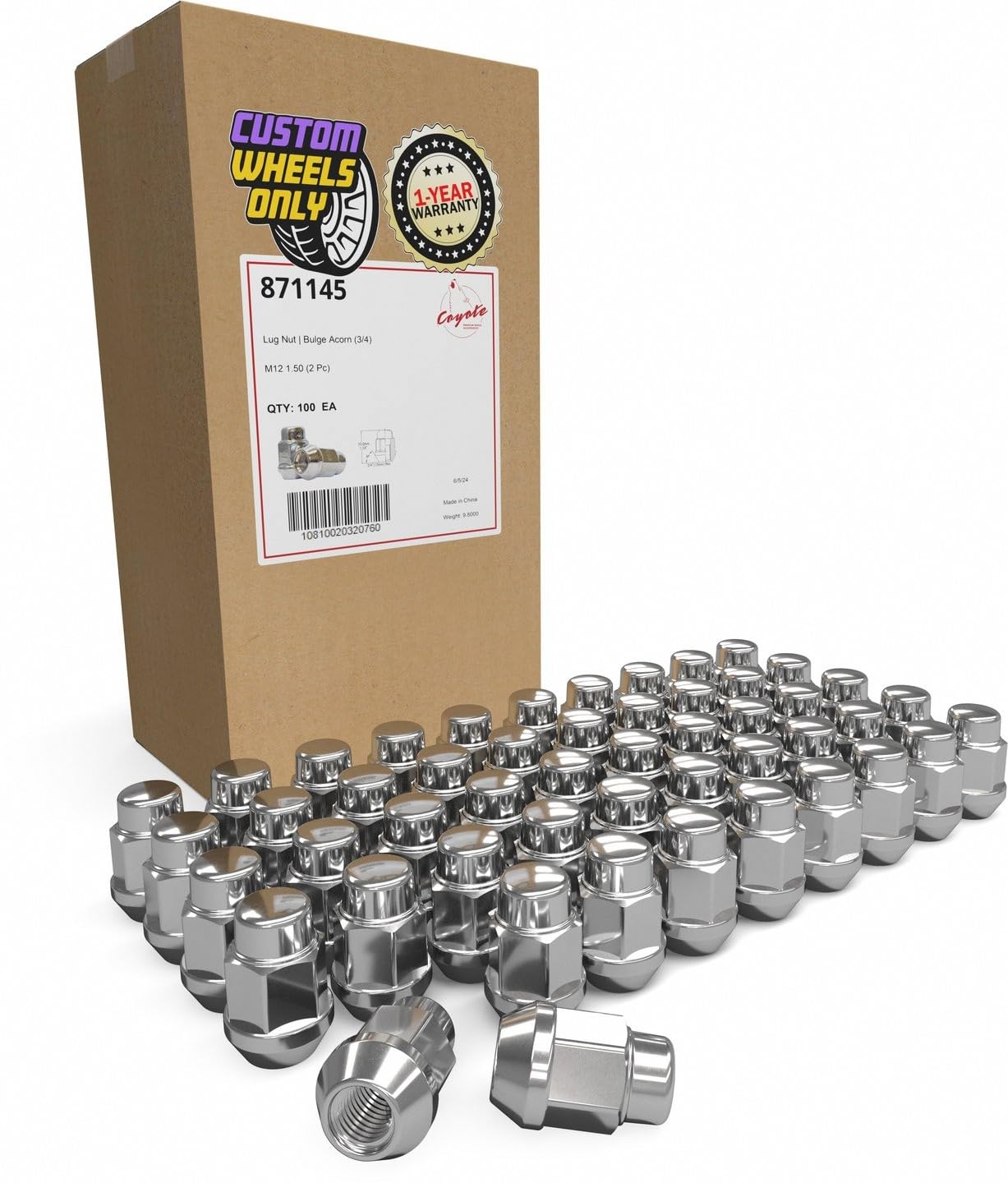 Wheel Accessories Parts 100 Pcs M12x1.5 12x1.5 Thread Bulge Acorn 1.38" 35mm Long Lug Nuts Chrome 3/4" 19mm Hex Fits Ford Fusion Focus Escape ｜ Toyota Tacoma