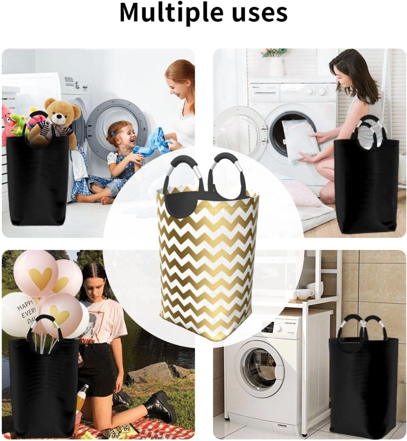 Large Laundry Basket, White and Gold Chevron Pattern Laundry Hamper Bag Collapsible Washing Bin With Handles for College Dorm, Family Essentials Storage